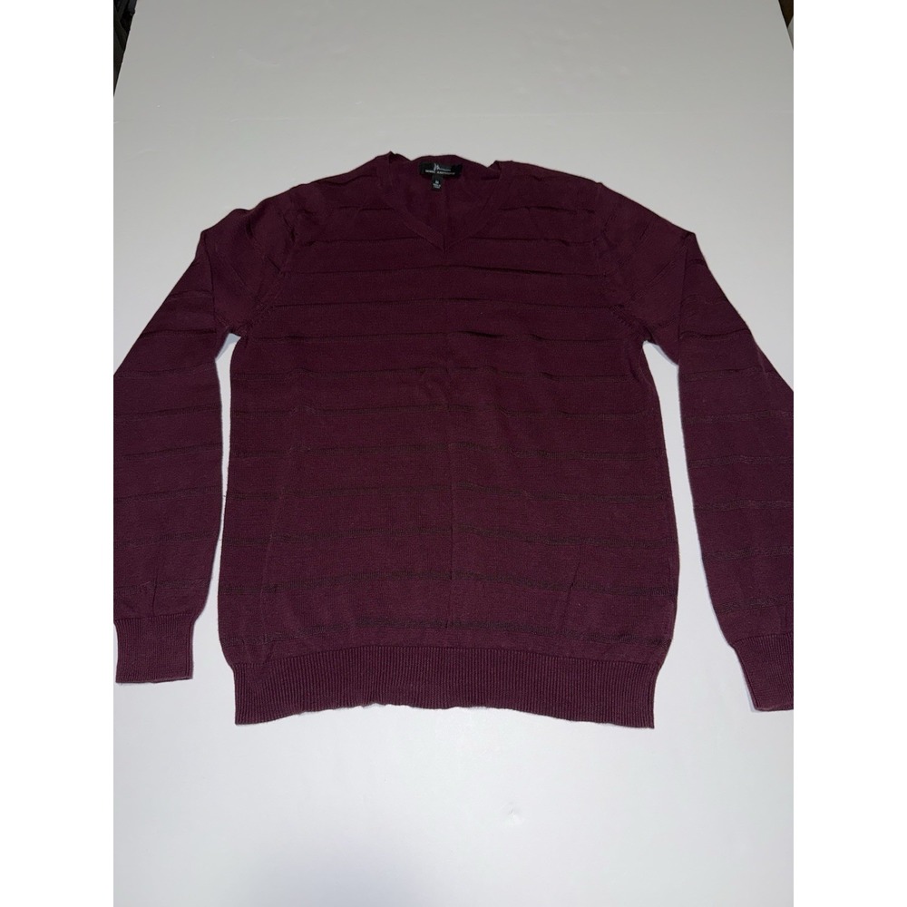 Marc Anthony Men Medium V-Neck Sweater Burgundy Striped Pullover Preppy Casual